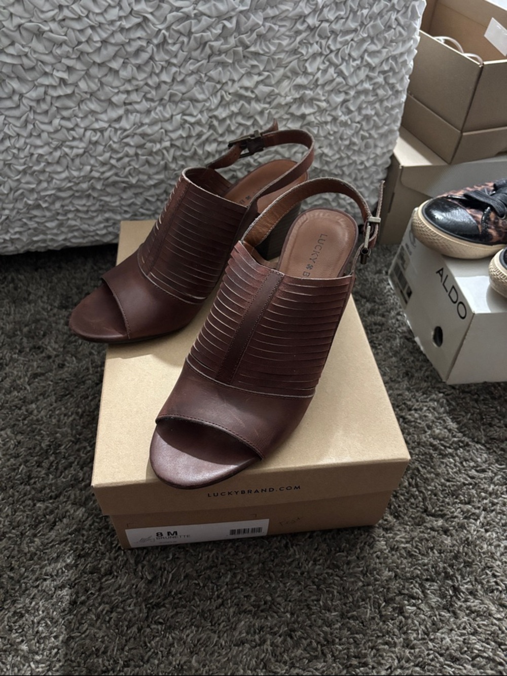 Lucky Brand Brown Open-Toe Slingback Heels with Strappy Upper